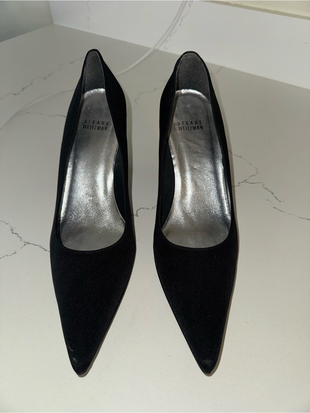 Stuart Weitzman Black Pointed-Toe Suede Pumps